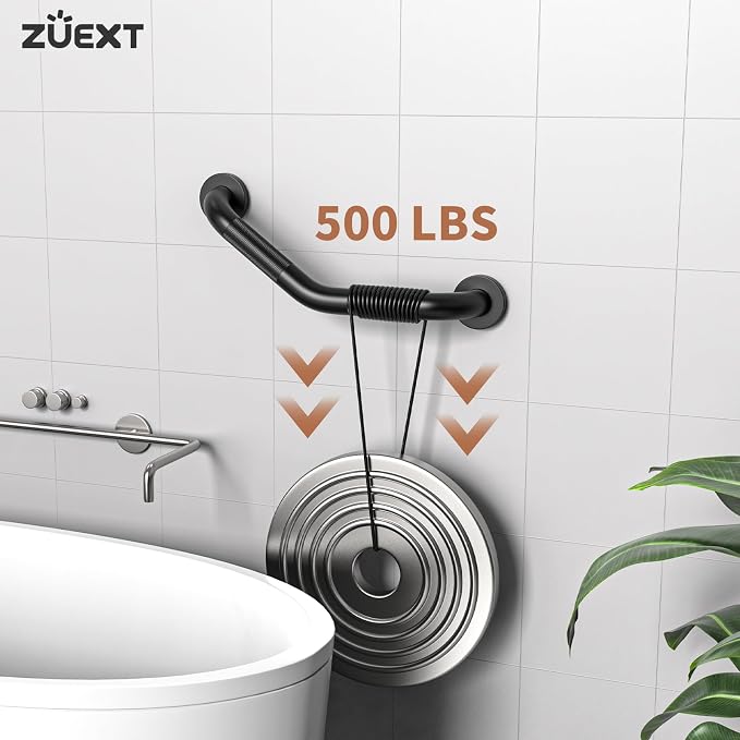 16 Inch Angled Grab Bar 2 Pack, ZUEXT Anti Slip Black Shower Grab Bar Handles, Stainless Steel Knurled Bathroom Balance Bar, Safety Hand Rail Support,Handicap Elderly Injury Senior Assist Bath Handle