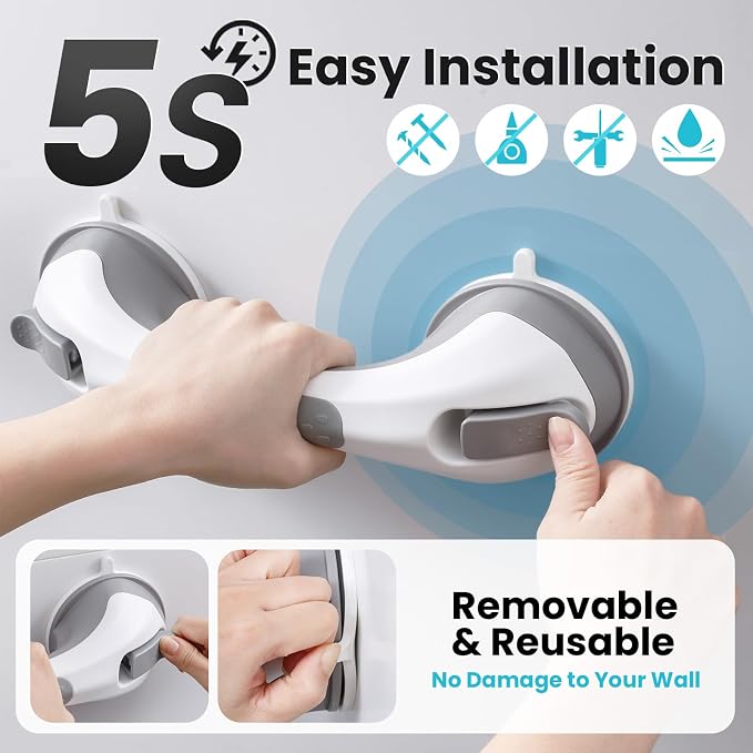 TAILI Shower Grab Bar, 2 Pack 12 Inch Suction Grab Bars for Bathtubs and Showers for Elderly, Shower Handle for Seniors Bathroom Safety Grip, No Drilling Removable,Grey,G9