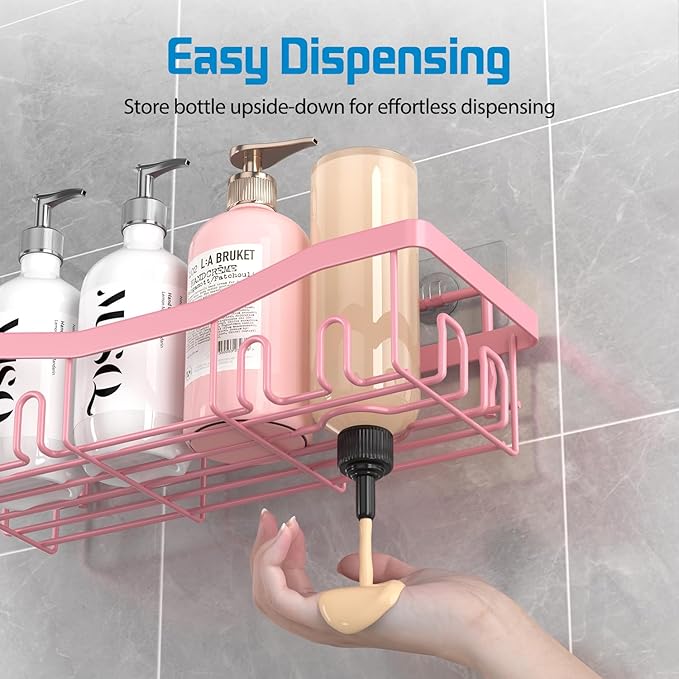 Youvip Adhesive Shower Caddy, No Drilling Bath Organizers 5 Pack, Rustproof Shelves with Soap Holder & Toothbrush Holder, Pink Bathroom Accessories Decor Set