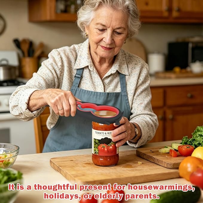Jar Opener Set - 6-in-1 Adjustable Jar Opener Can Opener, 4-in-1 Bottle Opener Lid Opener & Rubber Jar Gripper, Multifunctional Kitchen Gadget for Seniors, Arthritis, Weak Hands (Red&Black)
