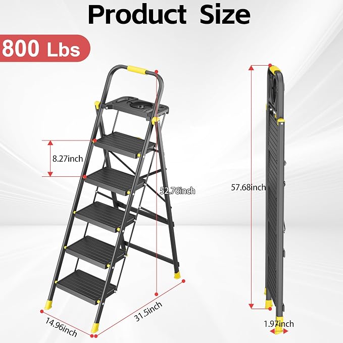 5 Step Foldable Step Ladder with Mutifunctional Tool Tray, Platform Ladders Stepstools, Step Stool 5 Step Folding with Non-Slip Pedals, 800lbs Bearing Capacity for Adults, Home, Kitchen, Black Yellow
