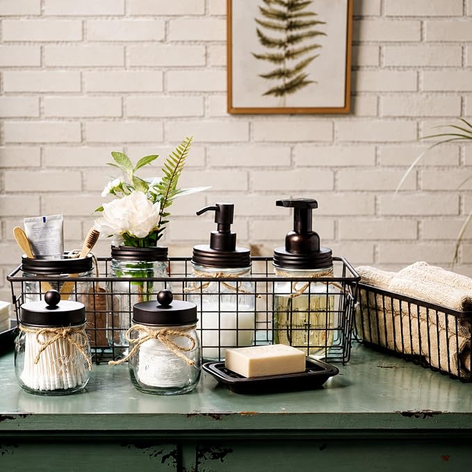 SheeChung 6Pcs Mason Jars Bathroom Accessories Set Complete - Toothbrush Holder, Lotion Soap Dispenser, 2 Mason Jars, Soap Dish, Toilet Paper Basket, Rustic Farmhouse Decor (Brown, 6Pcs Bathroom Set)