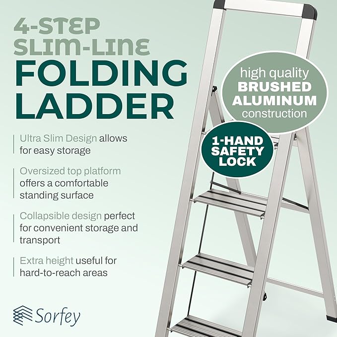 Step Ladder 4 Step Folding, Decorative - Modern Beautiful Silver Aluminum,Lock Mechanism, Ultra Slim Profile, Anti Slip Steps, Sturdy-Portable for Home, Office, Kitchen, Photography Use,by SORFEY