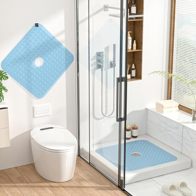 HITSLAM Shower Bathtub Mat Non Slip, 24"x 24" Bath Mat for Tub, Soft PVC Shower Mats for Inside Shower with Suction Cups and Center Drain Hole, Machine Washable Bathroom Floor Mat, Blue