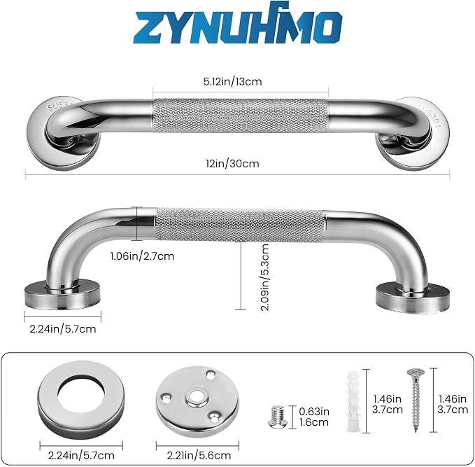 Grab Bars for Shower, Zynuhmo 2 Pack 12 Inch Anti Slip Stainless Steel Bathroom Safety Shower Grab Bar Handrails for Handicap Injury Pregnant Senior Assist Shower Handles(Polished Nickel, 1" Diameter)