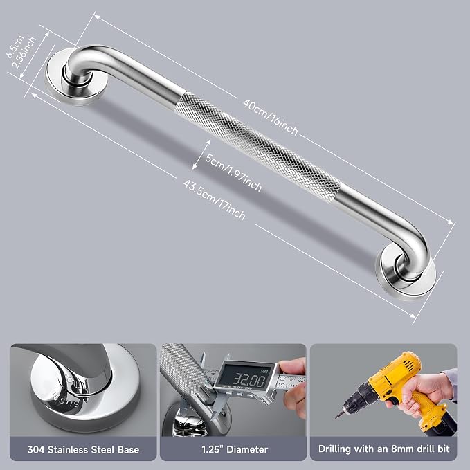 16 Inch Shower Grab Bar 1.25" Dia, 2 Pack Nickel Anti Slip Bathroom Grab Bar, 304 Stainless Steel Knurled Handicap Grab Bars, Safety Support Handrail,Bath Shower Handle for Elderly Injury Senior
