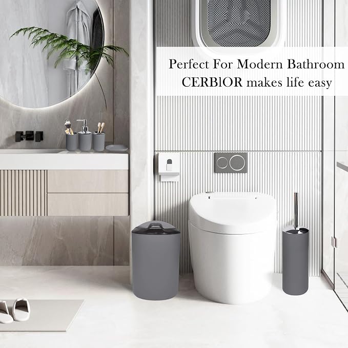 CERBIOR Bathroom Accessories Set 6 Piece Bath Ensemble Includes Soap Dispenser, Toothbrush Holder, Toothbrush Cup, Soap Dish for Decorative Countertop and Housewarming Gift (Light grey-6pcs)