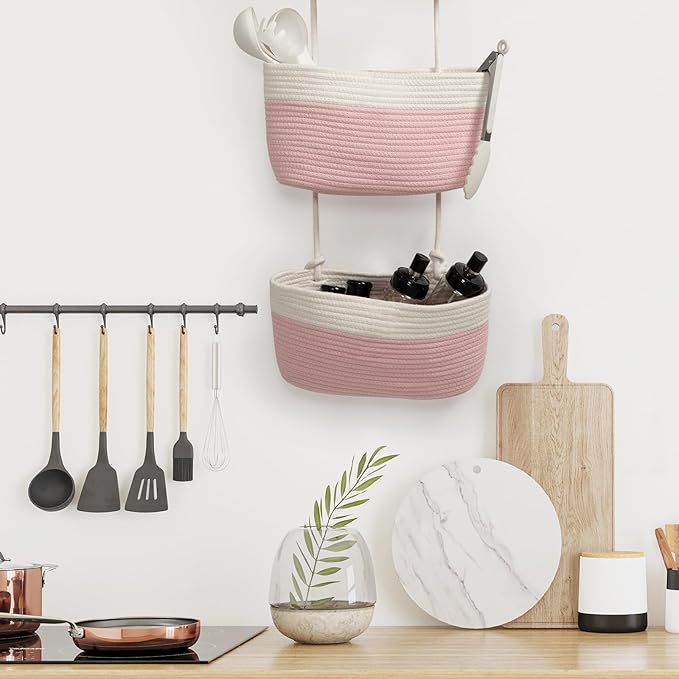 TeoKJ Over the Door Hanging Basket, 3-Tier Woven Cotton Wall-Mounted Storage Organizer Bag Decorative Hanging Nursery Baskets, Pink & White