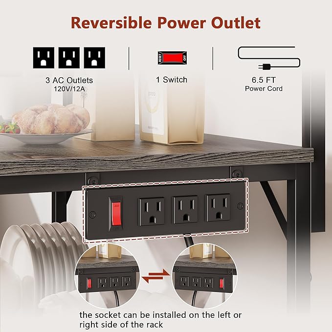 Furologee Kitchen Bakers Rack with Power Outlet,Coffee Stand with Storage 4 Tiers,Coffee Bar Station with a 31.5 Inch Larger Desktop and 8 S Hooks,Kitchen Microwave Rack for Spices,Pots,Black Oak