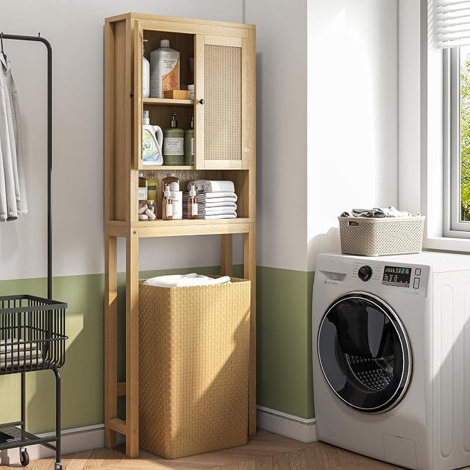 knoworld Rattan Over The Toilet Storage Cabinet, Above Toilet Bathroom Organizer with Adjustable Shelf, Behind Toilet Cabinet, Space Saver for Restroom, Bathroom, Laundry, Wood Rack, Natural
