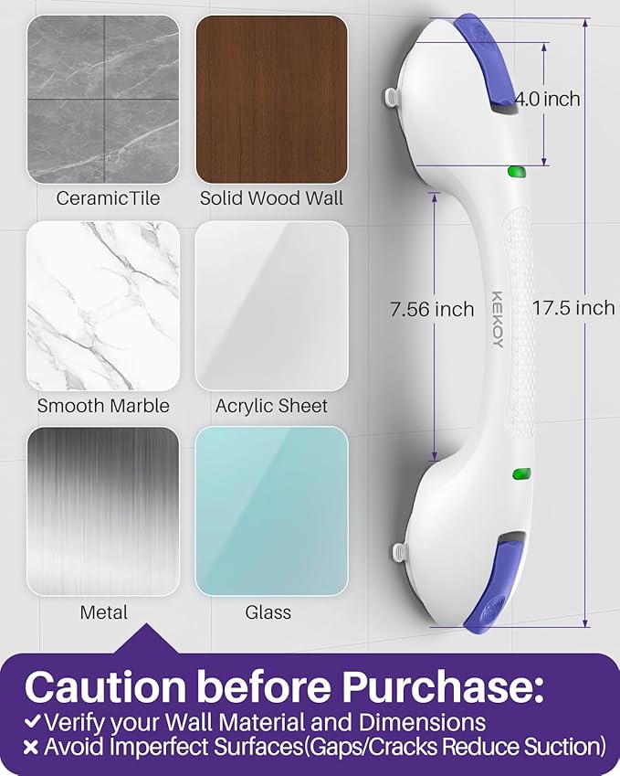 KEKOY 17.5 Inch Suction Grab Bars for Bathtubs and Showers with Indicator - Heavy Duty Safety Shower Handle for Seniors and Elderly, Handicap Bars for Bathroom, No Drilling and Removable, Purple