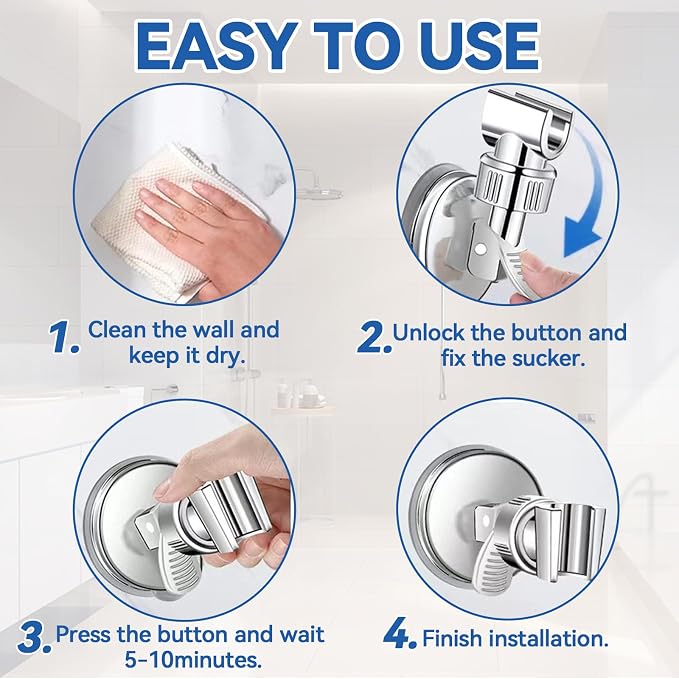 Adjustable Shower Head Holder, Bathroom Suction Cup Bracket for Handheld Shower, Removable Wall Mount (Silver-2)