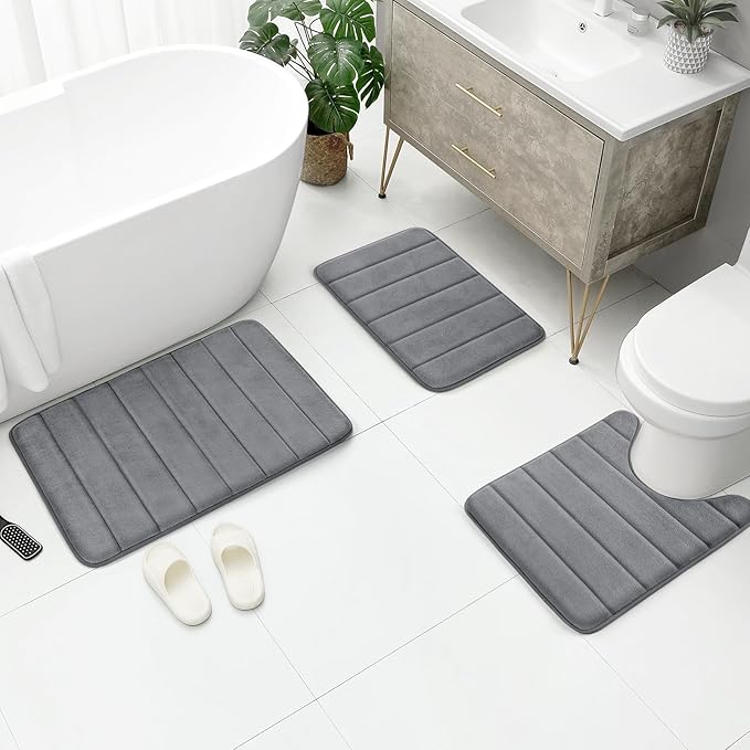 BYSURE Dark Grey Memory Foam Bathroom Rug Set 3 Piece, Non Slip Extra Soft Absorbent Machine Washable Toilet Bath Toilet Mat (17"x24"+20"x32"+U Shape 20"x24")