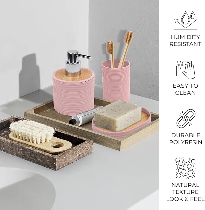 CERBIOR Bathroom Accessories Set 6 Piece Bamboo Bath Ensemble Includes Soap Dispenser, Toothbrush Holder, Toothbrush Cup, Soap Dish for Decorative Countertop and Housewarming Gift, Sriral Pink