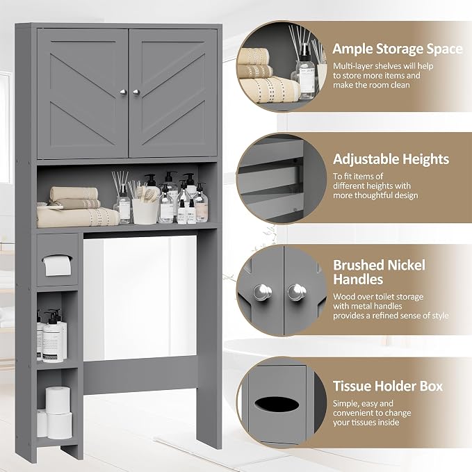 Farmhouse Storage Cabinet Over Toilet with Toilet Paper Holder Stand, Freestanding Bathroom Storage Organizer Cabinet, Grey
