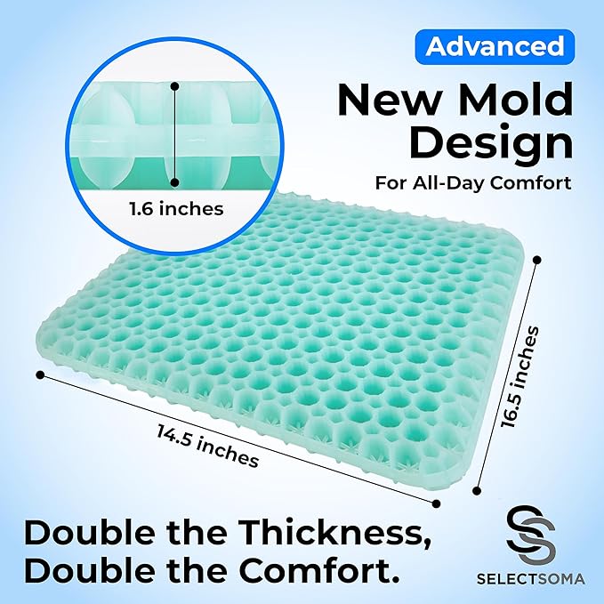 SelectSoma Mint Green Gel Seat Cushion for Long Sitting, Patent-Pending Mold Design, Double-Thick Pressure Relief for Tailbone, Sciatica, Coccyx & Back Pain - Office Chair, Car, Wheelchair, Truck