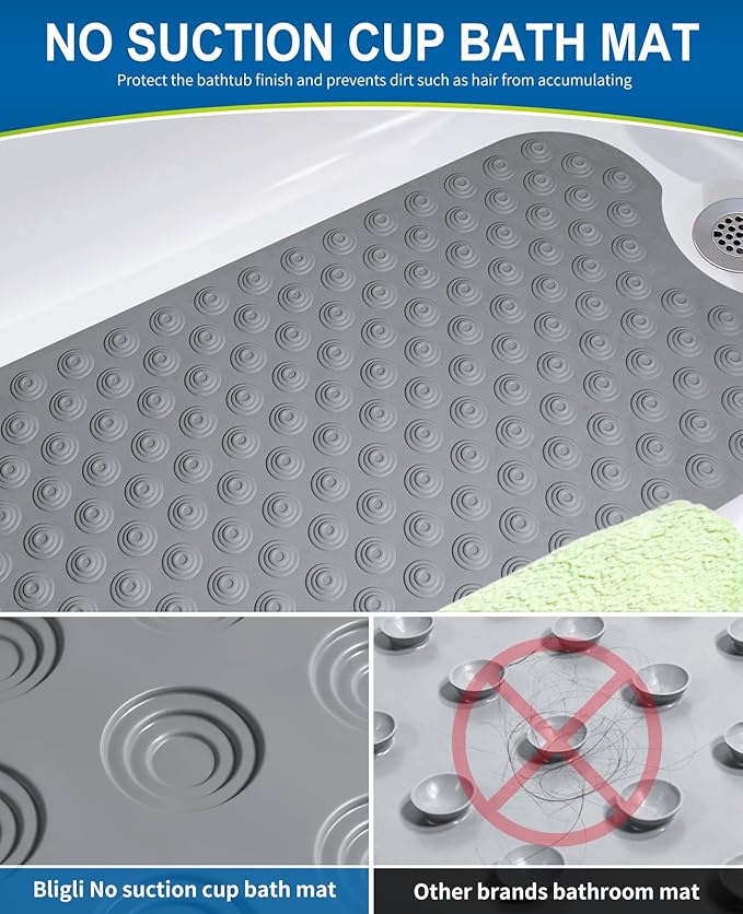 Bathtub Mat Non-Slip Without Suction Cups, 39x16inch Extra Long Bath Mats for Shower Bathroom, Machine Washable Natural Rubber Shower Tub Mat (39x16inch, Deep Grey)