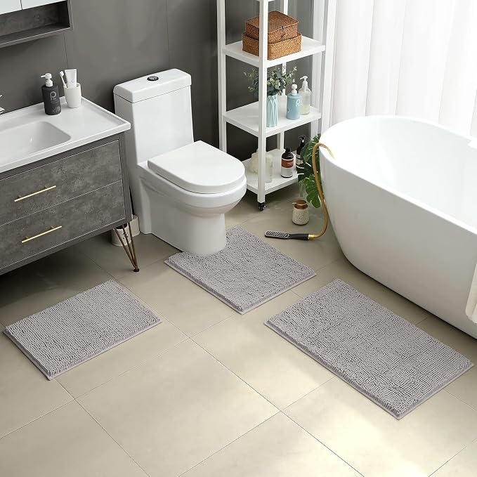 HOMEIDEAS 3 Pieces Bathroom Rugs, Ultra Soft Non Slip Absorbent Chenille Toilet Bath Mat Set (Light Grey)