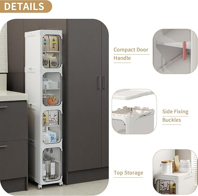 4-Tier Tall Narrow Storage Cabinet, Slim Bathroom Storage Cabinet with Adjustable Shelves and Wheels, Narrow Organizer for Small Space, Bathroom, Kitchen, Laundry, White