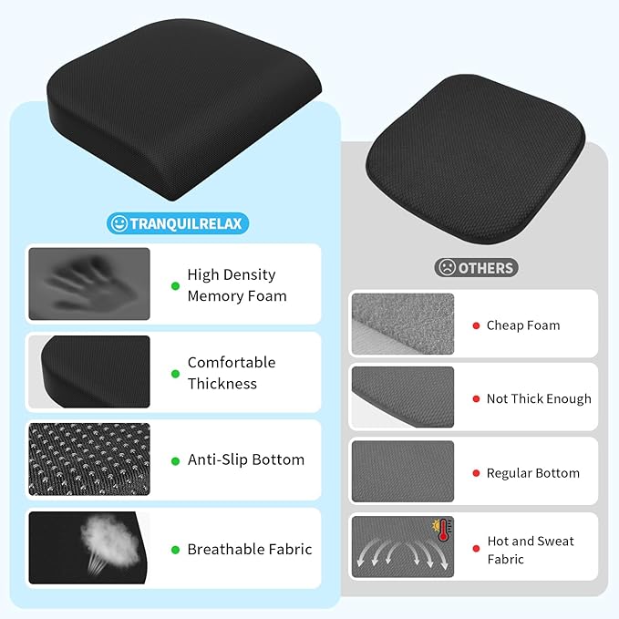 TranquilRelax XLarge Seat Cushion，Soft Foam Cushion for Long Sitting Hours on Office Chair, Home & Car, Non-Slip Chair Pad for Relieving Back & Sciatica & Hip & Coccyx Pain (Black)