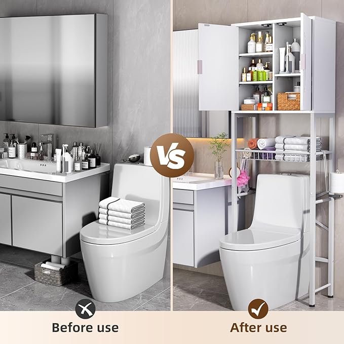 Kalrin Over The Toilet Storage Cabinet with Fluted Wave Doors and Adjustable Shelf, Wood Over Toilet Storage Rack with Drain Basket, Freestanding Bathroom Organizer for Balcony Laundry, Pure White
