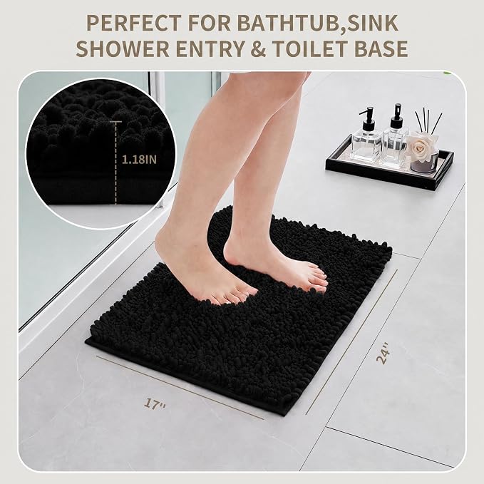 Bathroom Rugs Non Slip Washable, Extra Thick Soft Chenille Absorbent Bath Mat, High Density Barrier Non Slip Backing, Quick Dry Plush Shaggy Floor Carpet for Tub&Shower 24x17, Black