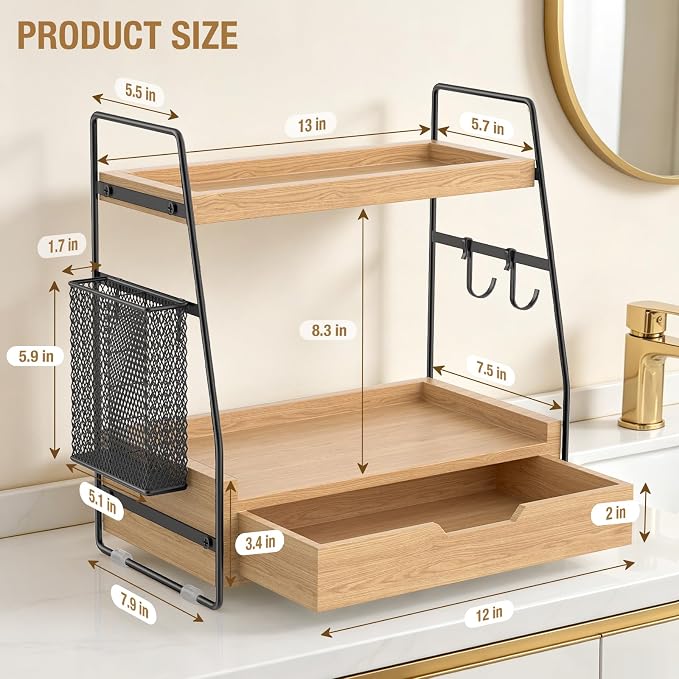 2-Tier Bathroom Counter Organizer with Drawer and Removable Basket, Wood Vanity Countertop Storage for Perfume, Makeup, Skincare, Bathroom Counter Shelf, 13" x 7.9" x 14.5", Light Brown