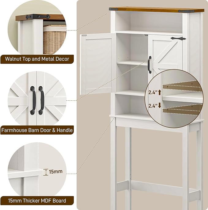Halitaa Over The Toilet Storage Cabinet, Farmhouse Over Toilet Bathroom Organizer with 2 Barn Doors, Narrow Above Toilet Storage Cabinet, Behind Toilet Bathroom Organizer, White and Brown