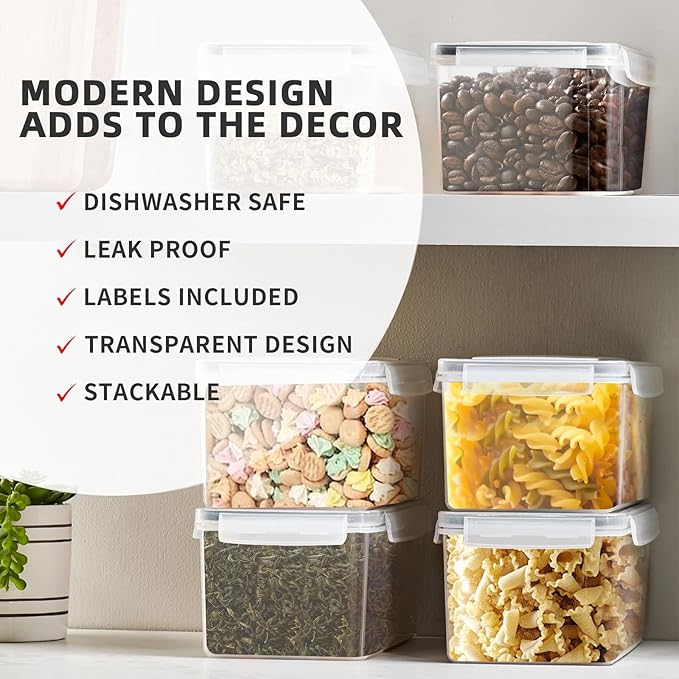 Airtight Food Storage Containers with Lids, 3.2L BPA-Free Plastic Canisters for Spaghetti, Cereal, Oats & Kitchen Pantry Organization, 4 Pack