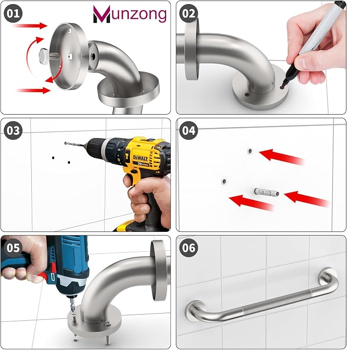 16 Inch Anti Slip Shower Grab Bar,Munzong Handicap Grab Bars,Brushed Nickel Knurled Bathroom Balance Bar,Safety Hand Rail Support Elderly Senior Bath Handle
