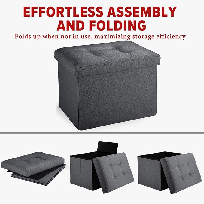LINMAGCO Small Storage Ottoman Stool Foot Rest Stool Under Desk Stool Short Folding Ottoman Linen Cloth Dark Gray 17X13X13IN
