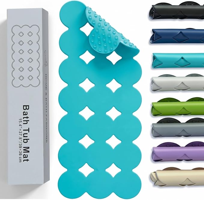 Webos Bathtub Mat Non Slip: Extra Long Rubber Bath Mat for Tub with Strong Suction Cups 15.4" x 37.8" Anti Slip Shower Mat, Big Drain Holes Bathroom Mats for Tub & Shower, Circle-Blue