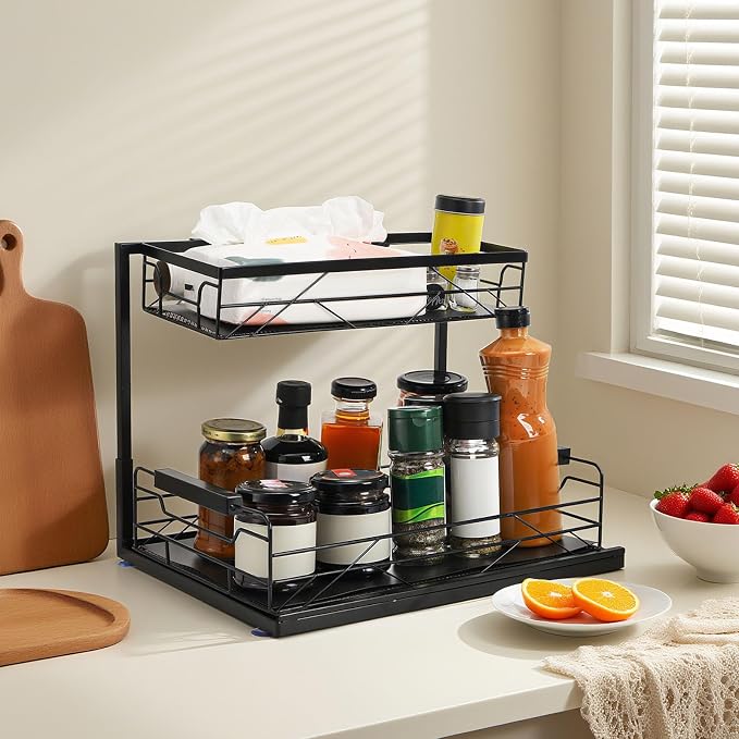 Pull Out Under Sink Organizer, 2 Tier Under Sink Storage with Suction Cups, PVC Mat, Sliding Drawer, Metal Cleaning Supplies Shelf Cabinet Organizer for Kitchen, Laundry, Pantry, Bathroom