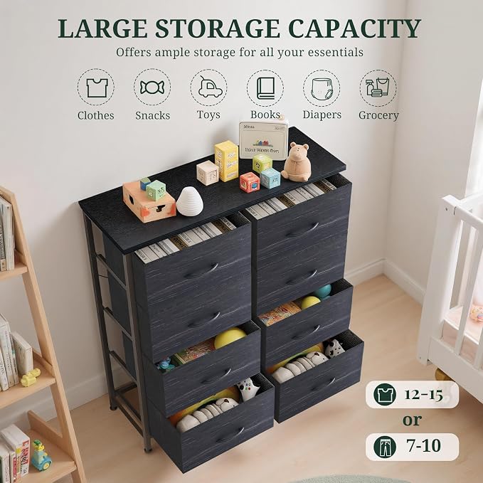 8-Drawer Dresser for Bedroom, Anti-Tip Tall Storage Organizer Chest of Drawers with Wooden Top and Metal Frame Fabric Bins for Closet, Living Room, Hallway, Entryway, Charcoal Black