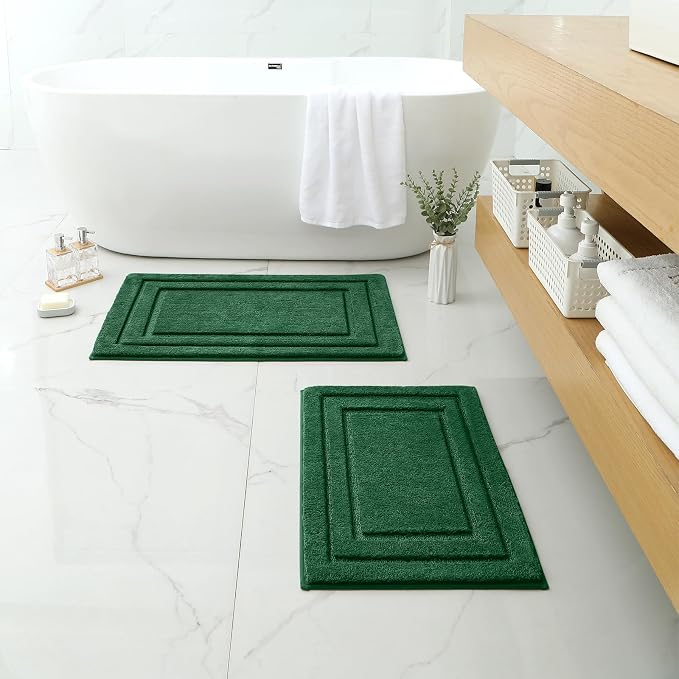 HOMEIDEAS Bathroom Rugs Sets 2 Piece, Super Soft and Absorbent Non Slip Microfiber Machine Washable Bath Mat Set (20" x 32" + 16" x 24", Dark Green)