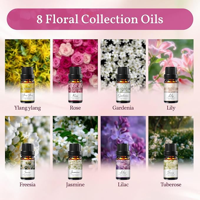 SLASHOME Floral Essential Oils Set - 8×10ml, Essential Oils for Home Diffusers, Candle Making & Soap Scents, Spa Gift Box with Rose, Jasmine, Gardenia & More,Ideal Gift Box