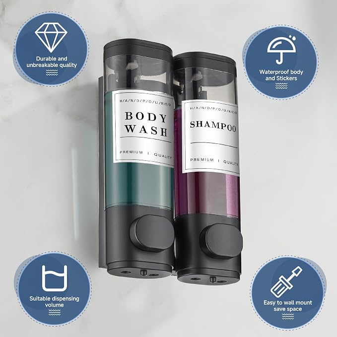 Shampoo and Conditioner Dispenser Shower Dispenser Body Wash Wall Mounted Shampoo Dispenser for Shower Wall No Drill for Bathroom Hotel 2 Chamber x 300ml Black with Waterproof Labels
