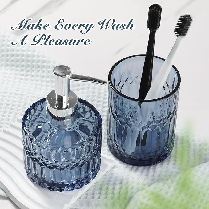Blue Bathroom Accessories 4Pcs, Diamond Glass Bathroom Accessory Set, Bathroom Set with Soap Dispenser, Blue Bathroom Decor with Toothbrush Holder, Qtip Holder for Bathroom, Countertop
