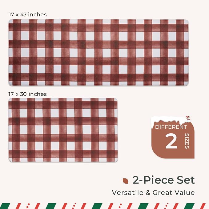 FRESHMINT Modern Farmhouse Plaid 2 Piece Set Kitchen Mats for Floor Anti Fatigue Waterproof & Non-Skid Kitchen Rugs Cushioned Kitchen Mat for Standing Washable Comfort Desk Kitchen Runners