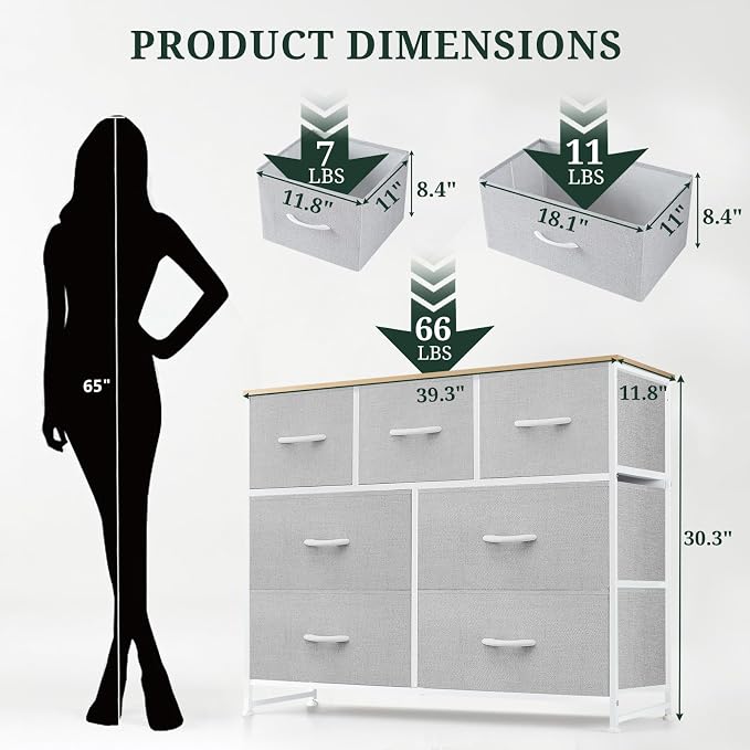 7-Drawer Dresser for Bedroom, Anti-Tip Wide Storage Organizer Fabric Chest of Drawers TV Stand for 45" TV with Wooden Top and Metal Frame for Closet, Living Room, Hallway, Entryway, Light Gray
