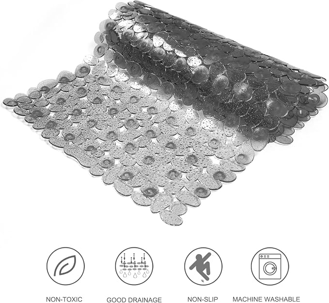 TEESHLY Bath Tub and Shower Mats, Non-Slip Pebble 35 x 16 Inches Machine Washable Bathtub Mat with Drain Holes, Suction Cups for Bathroom (Clear Grey)