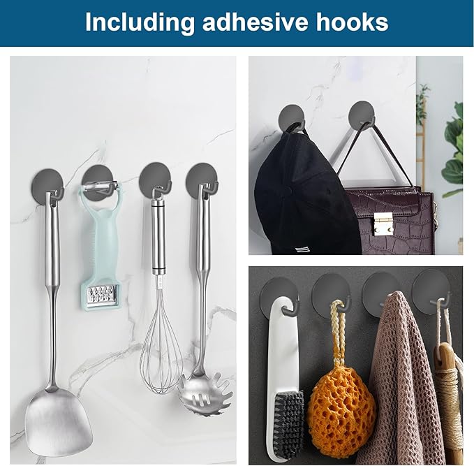 Diesisa Razor Holder 304 Stainless Steel for Shower + Adhesive Sticky Heavy Duty Waterproof Wall Hooks, Premium for Hanging Towels, Coat, hat (2+2 Pack) - Grey