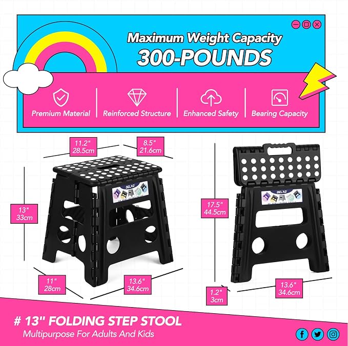 Delxo 13 inch 2 Pack Folding Step Stool, Non-Slip Foldable Stools Up to 300 LBS, Step Stool with Handle, Lightweight Collapsible stools for Kitchen, Bathroom, Bedroom, Garden (Black)