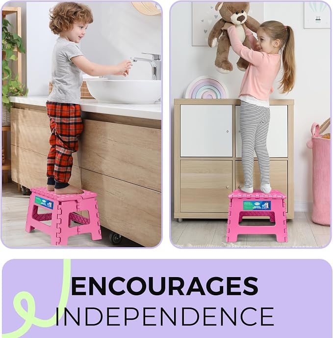 Dyforce Folding Step Stool 9 Inch, Kids Step Stool, Heavy Duty Step Stools for Adults, Compact Foot Stools, Light-Weight Toddler Step Stools for Kitchen, Bathroom, Holds Up to 300 lbs (Pink)