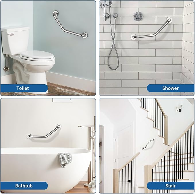 16 Inch Angled Shower Grab Bar, Munzong Anti Slip Satin Brushed Nickel Bathroom Grab Bar, Knurled Bathroom Balance Bar,Safety Hand Rail Support Handicap Elderly Injury Senior Assist Bath Handle