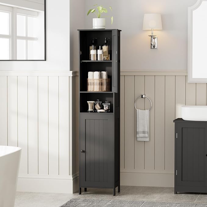 Homleke Tall Bathroom Storage Cabinet with 2 Doors, 67"H Narrow Storage Cabinet with Adjustable Shelves& Anti-Tip Design, Reversible Door Installation, Easy Assembly, 11.8 x 15.7 x 66.9 Inches, Black