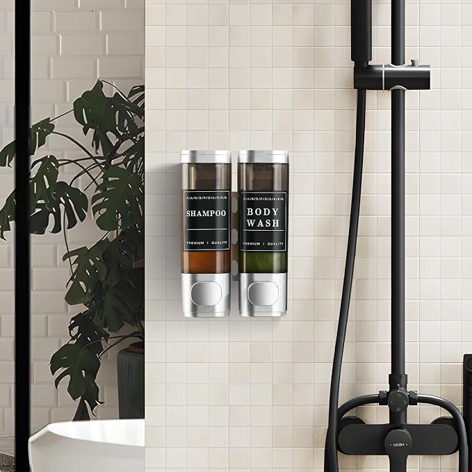 Shampoo and Conditioner Dispenser,Unisence Shower Dispenser 2 Chamber No Drill Wall-Mounted Shampoo Dispenser for Shower Wall Mounted Body Wash Dispenser for Bathroom Hotel Large Capacity,Silver