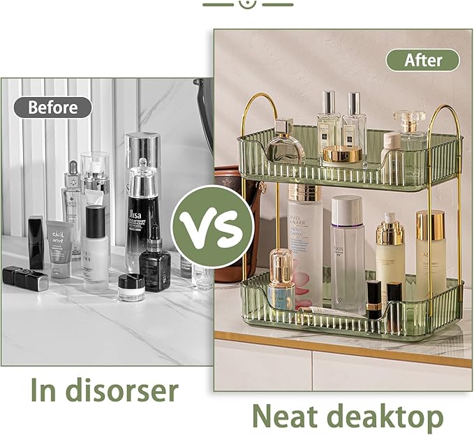 shuang qing Bathroom Counter Organizer Countertop Storage, Cosmetics Skincare Shelf, Makeup Organizer Perfume for Dresser Vanity Tray, Spice Rack for Kitchen(2 Tier-Green)