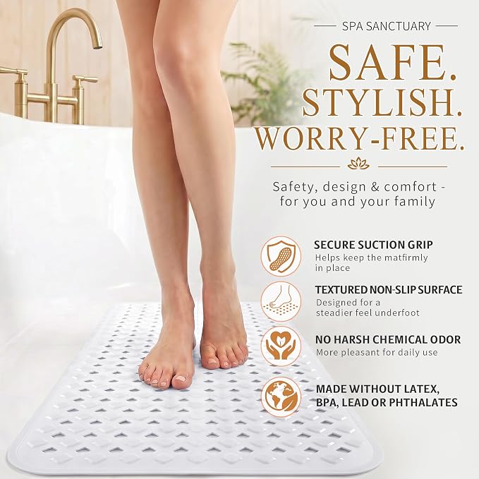 Yimobra Bathtub Mat Non Slip, 35"X16" Shower Mat with Strong Suction Cups & Drain Holes, Long Anti Slip Bath Tub Mat for Inside Shower, Machine Washable Fast Drying, Bathroom Essentials, White