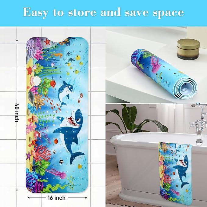 Secopad Bath Mat for Tub Non Slip, Machine Washable Anti-Slip Cartoon Baby Bathtub Shower Mat with Drain Holes and Suction Cups for Toddler & Kids, 40in x 16in, Sharks